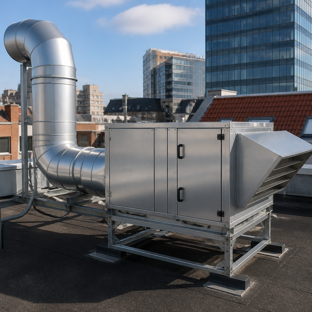 Afzuigkanaal en ventilatorkast op het dak van een horecapand