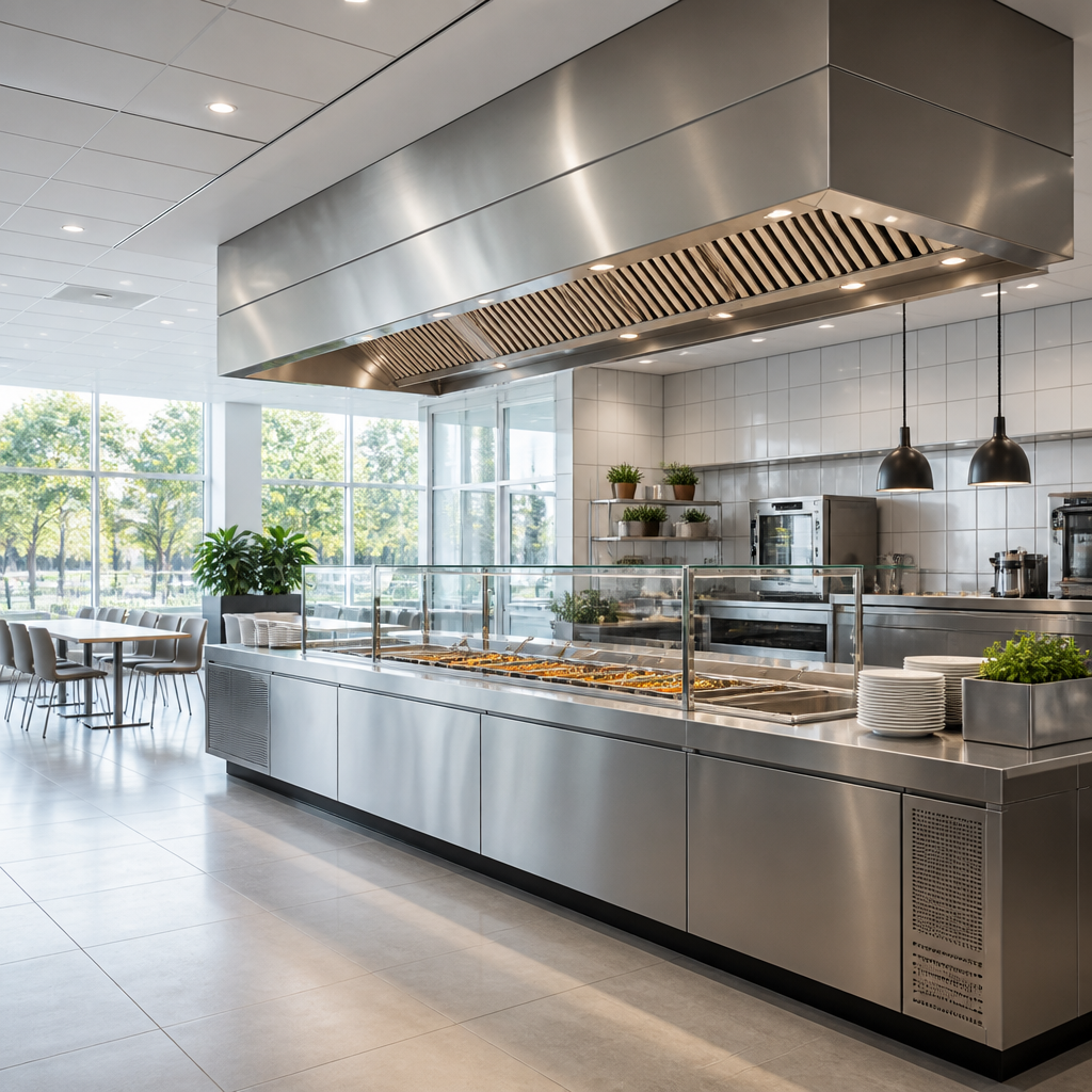Roestvaststalen uitgiftebuffet en afzuigplafond in een modern bedrijfsrestaurant