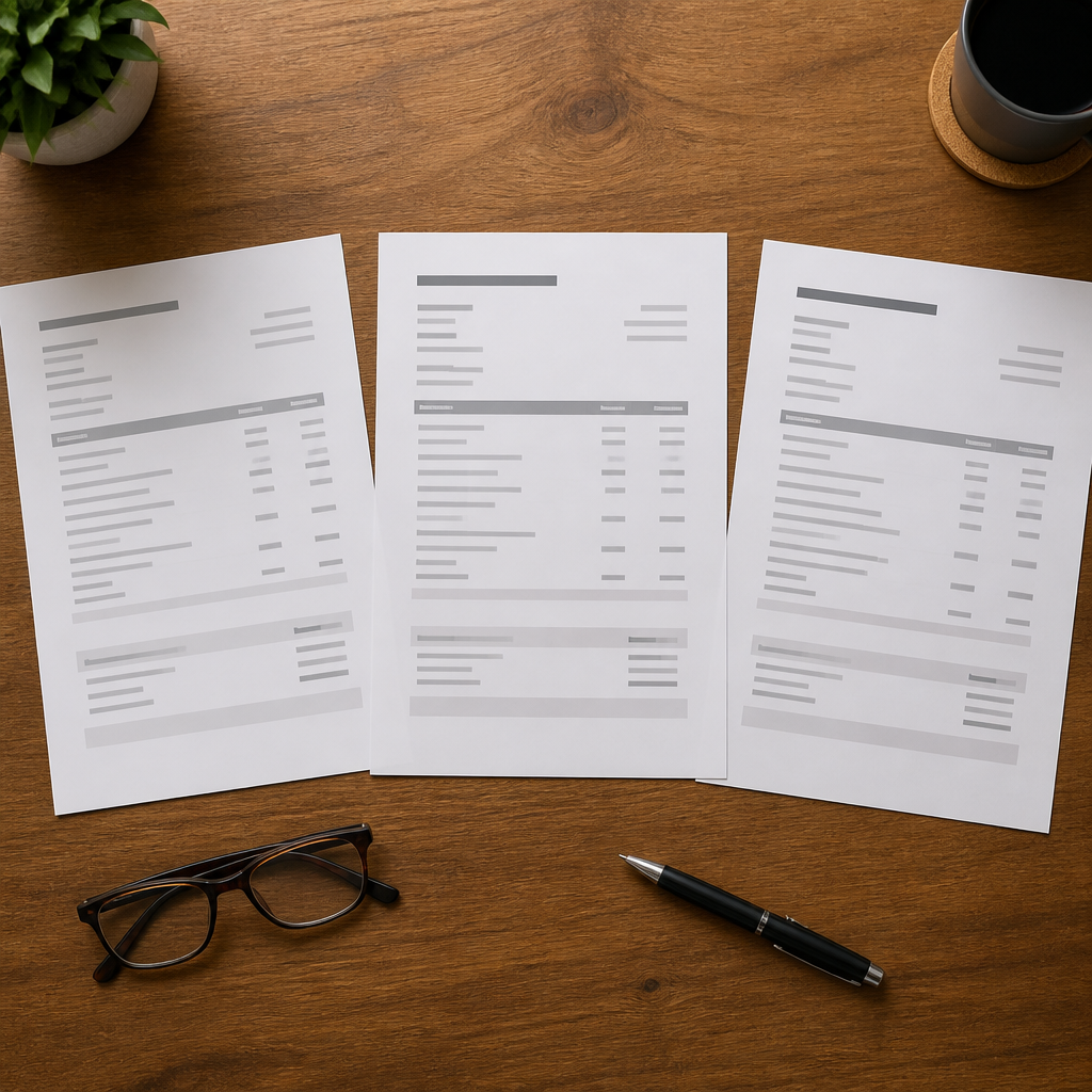 Offertes voor een afzuiginstallatie naast elkaar op een tafel om te vergelijken