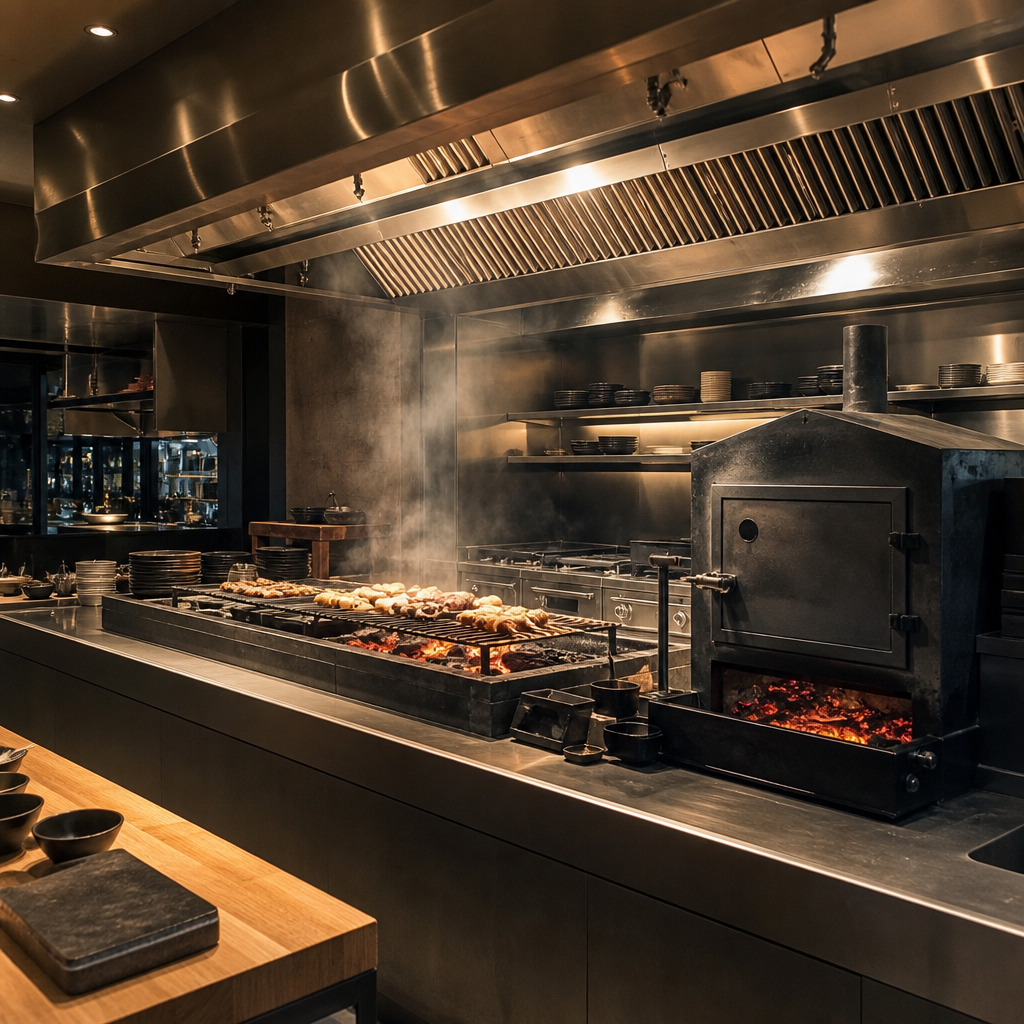 RVS afzuigkap boven een houtskoolgrill en robata in een professionele horecakeuken