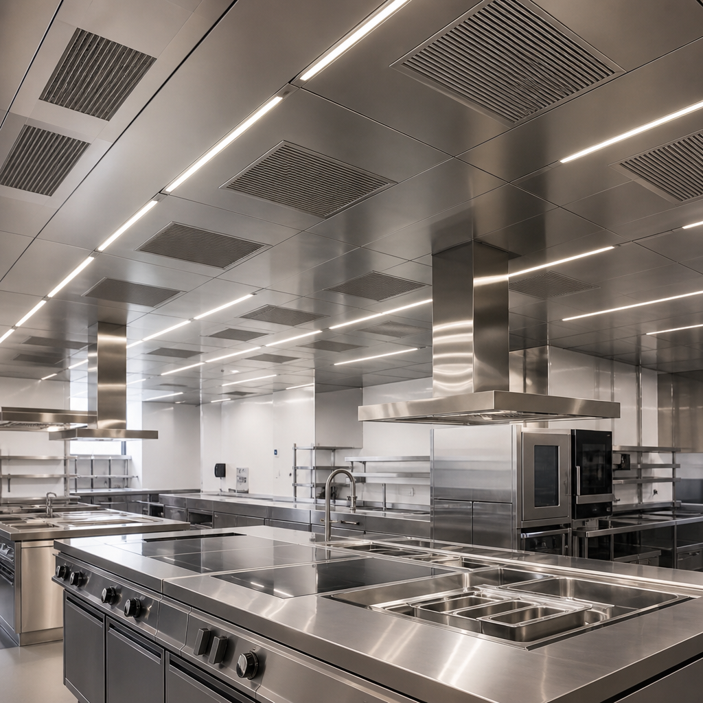 RVS afzuigplafond met geïntegreerde filters en verlichting boven een kookeiland in een grootkeuken