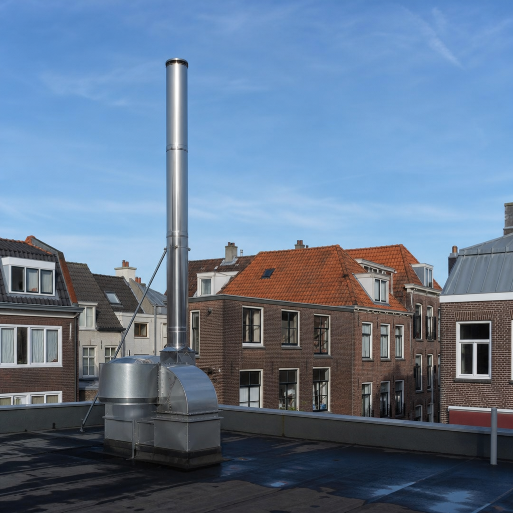 Verticale RVS-afvoerpijp van een horeca-afzuiging die ruim boven het dak uitsteekt